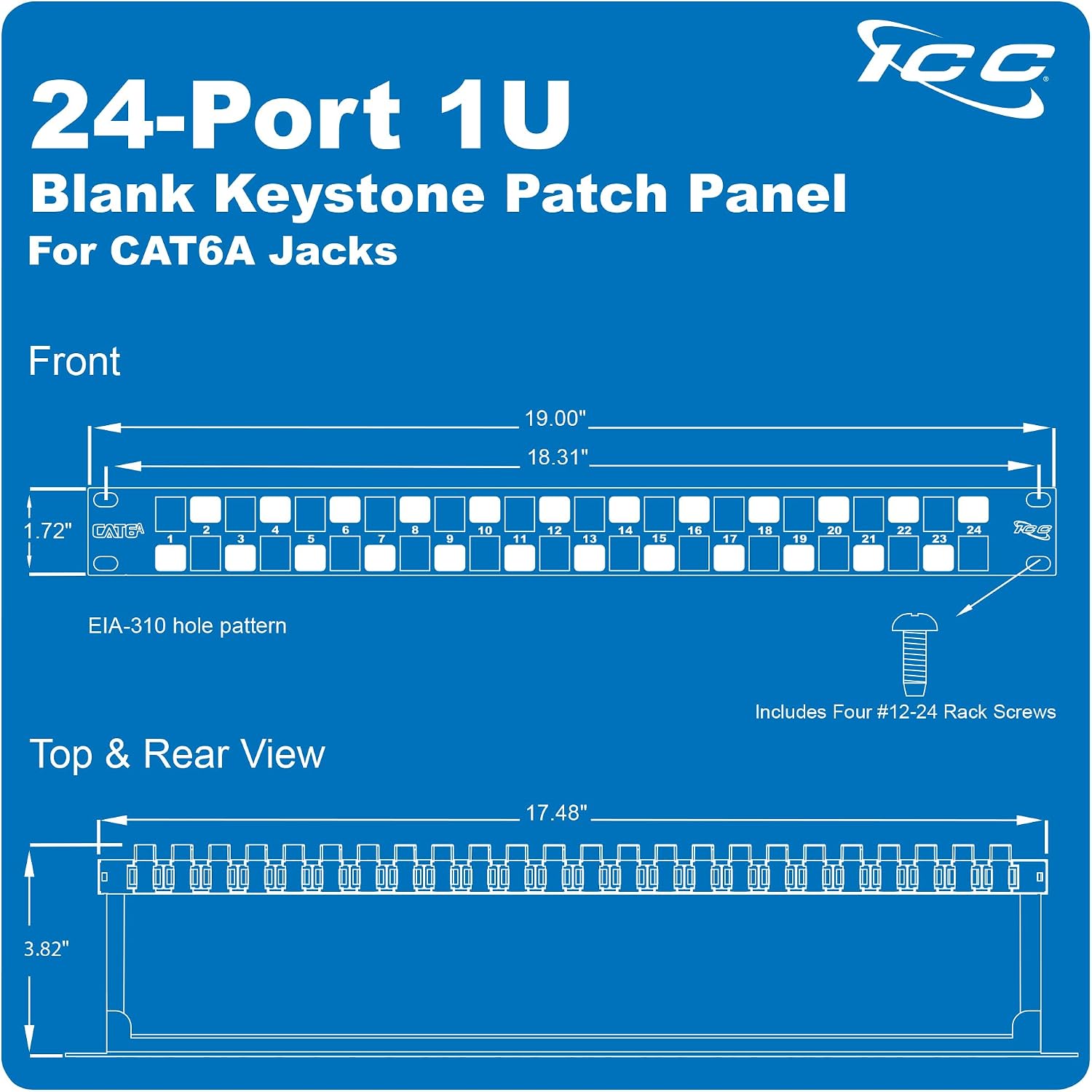 ICC 24-Port CAT6A Keystone 1U Patch Panel with CAT6A Keystone Jacks, 19' Rackmount Housing and Cable Support Bar, Staggered Ports to Reduce ANEXT, UL Listed PoE++ Compliant, ICMPP246AU