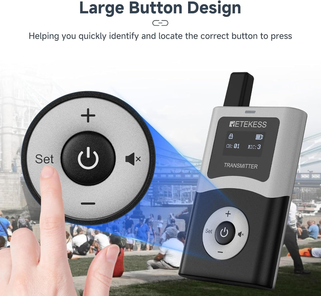 Retekess T130U(4nd Gen T130) Wireless Tour Guide System, Church Translation System, U-Band, 200M, 40H, One-Key Operation with Charging Kit, Tour Guide Headsets for Travel(1Transmitter 15 Receivers)