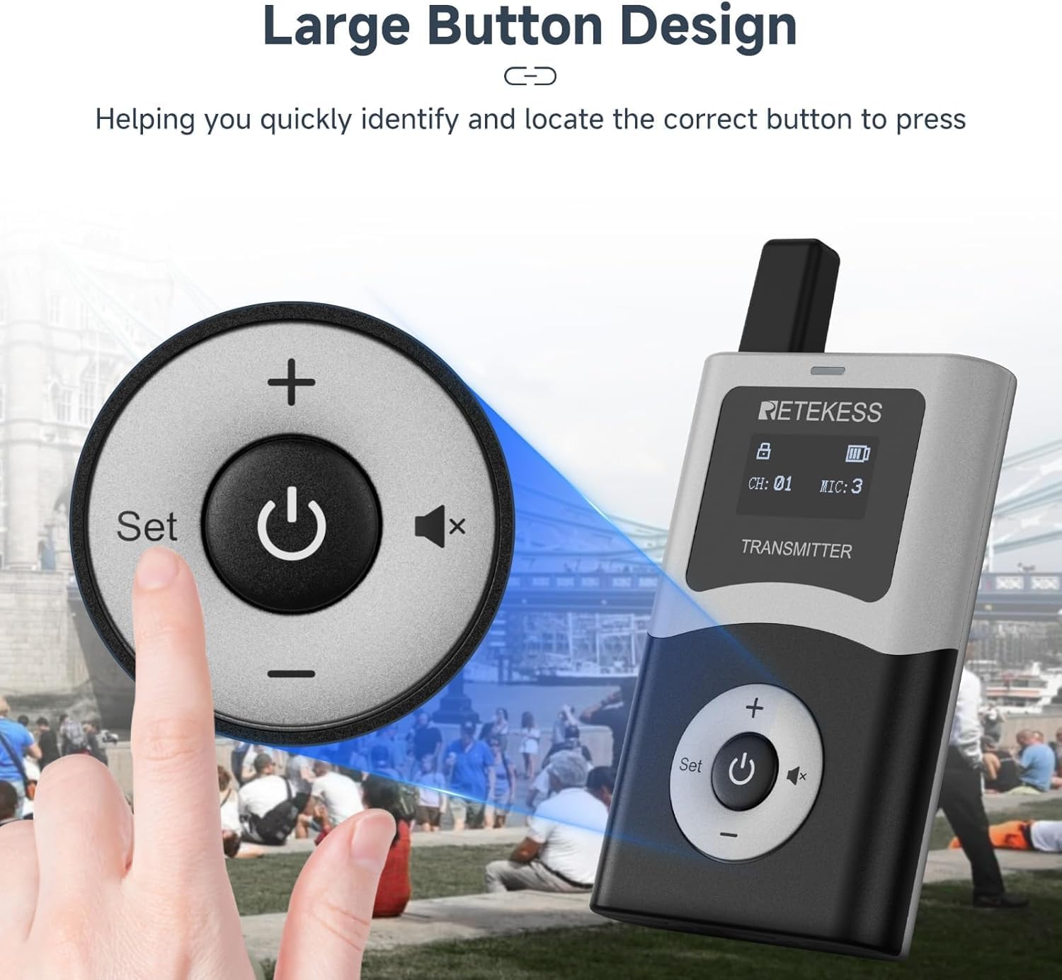 Retekess T130U(4nd Gen T130) Wireless Tour Guide System, Church Translation System, U-Band, 200M, 40H, One-Key Operation with Charging Kit, Tour Guide Headsets for Travel(1Transmitter 15 Receivers)