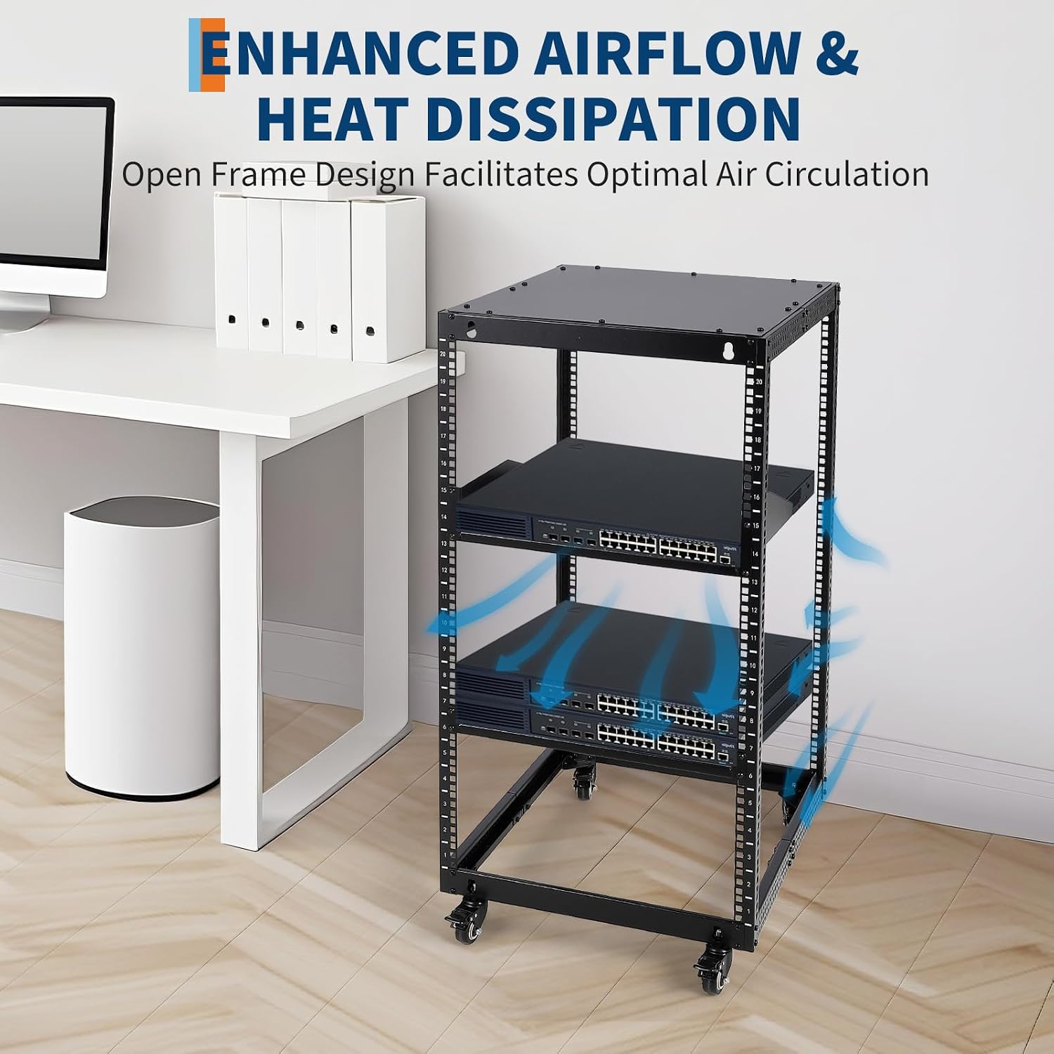 GarveeTech 20U Open Frame Server Rack, 23 in -40 in Adjustable Depth, Wall Mount & Free Standing Network Rack with 4 Lockable Casters & 2pcs 1U Server Rack Shelf, Holds All Your IT/AV Equipment Rack