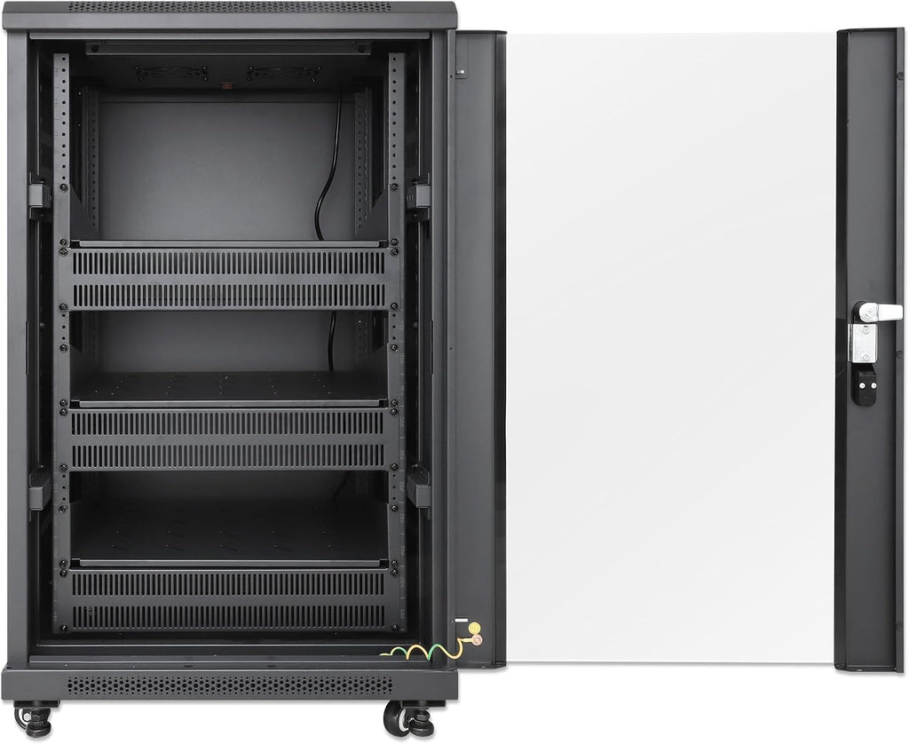 Intellinet 18U Network Server Rack Enclosure Cabinet with Integrated Fans – IP20 Rated, Reversible Tempered-Glass Front Door, Removable Side Panels – 3 Yr Mfg Warranty