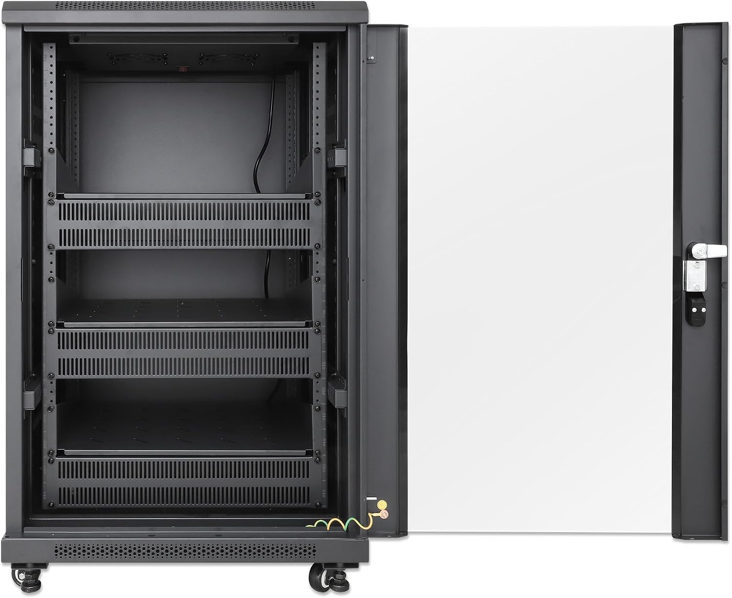 Intellinet 18U Network Server Rack Enclosure Cabinet with Integrated Fans – IP20 Rated, Reversible Tempered-Glass Front Door, Removable Side Panels – 3 Yr Mfg Warranty
