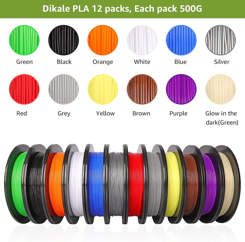 PLA Pro 3D Printer Filament Packs 1.75mm, dikale 12 Packs Assorted Colors, Neatly Wound 500g(1.1lbs) per Spool Refills PLA+, in Total 6KG Bundles, Fit for FDM Ender 3 3D Printer etc
