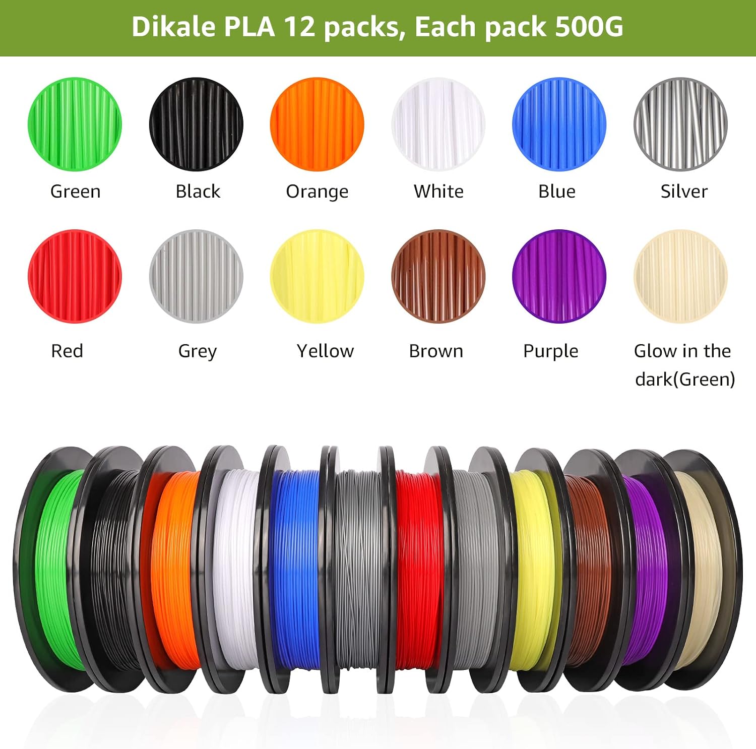 PLA Pro 3D Printer Filament Packs 1.75mm, dikale 12 Packs Assorted Colors, Neatly Wound 500g(1.1lbs) per Spool Refills PLA+, in Total 6KG Bundles, Fit for FDM Ender 3 3D Printer etc