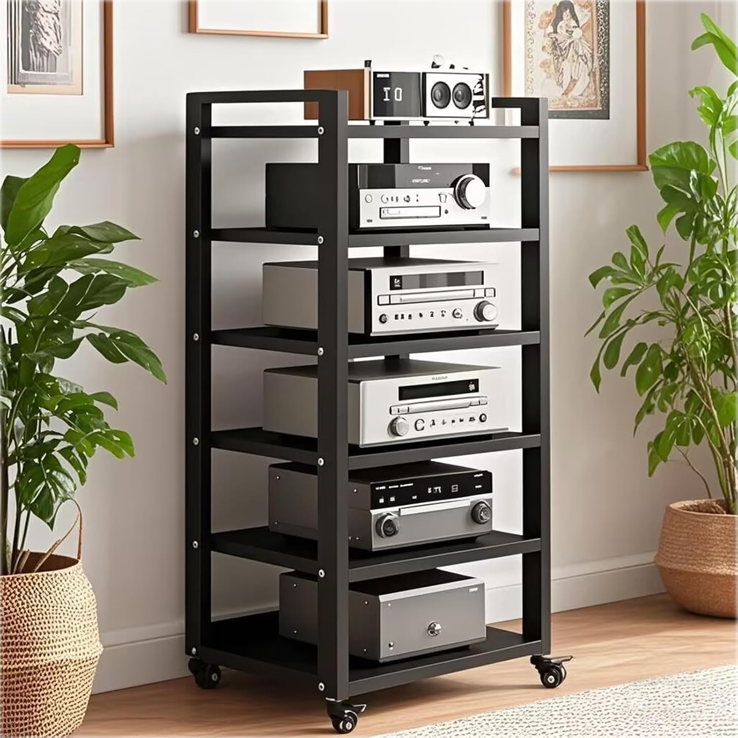 6 Tier Audio Rack Tower, CD Record Player Stereo Receiver AV Equipment Cabinet Display Rack, Weight Capacity 661 lbs, with Adjustable Wooden Shelves for Home (6 Tier Black)