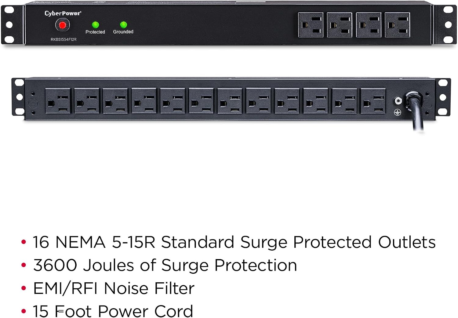 CyberPower RKBS15S4F12R Rackbar Surge Protector, 120V/15A, 16 Outlets, 15 Foot Power Cord, 1U Rackmount, UL Listed