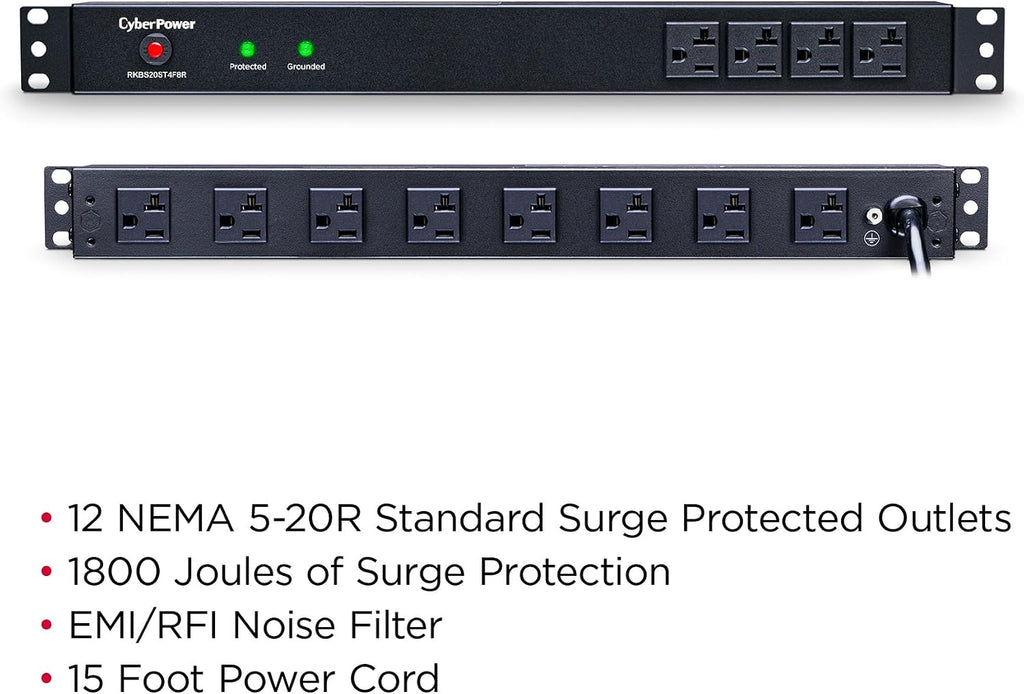 CyberPower RKBS20ST4F8R Rackbar Surge Protector, 120V/20A, 12 Outlets, 15 Foot Power Cord, 1U Rackmount, UL Listed