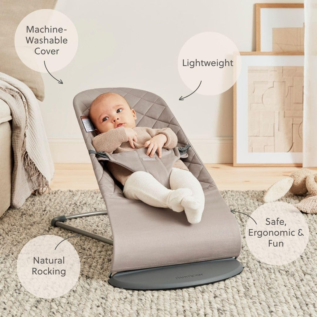 BabyBjörn Bouncer Bliss, Sand Gray, Woven, Classic Quilt | 2-in-1 Adjustable Baby Bouncer Seat and Toddler Chair, Newborn to Toddler (8-29 lbs), 4 Positions, Lightweight & Portable