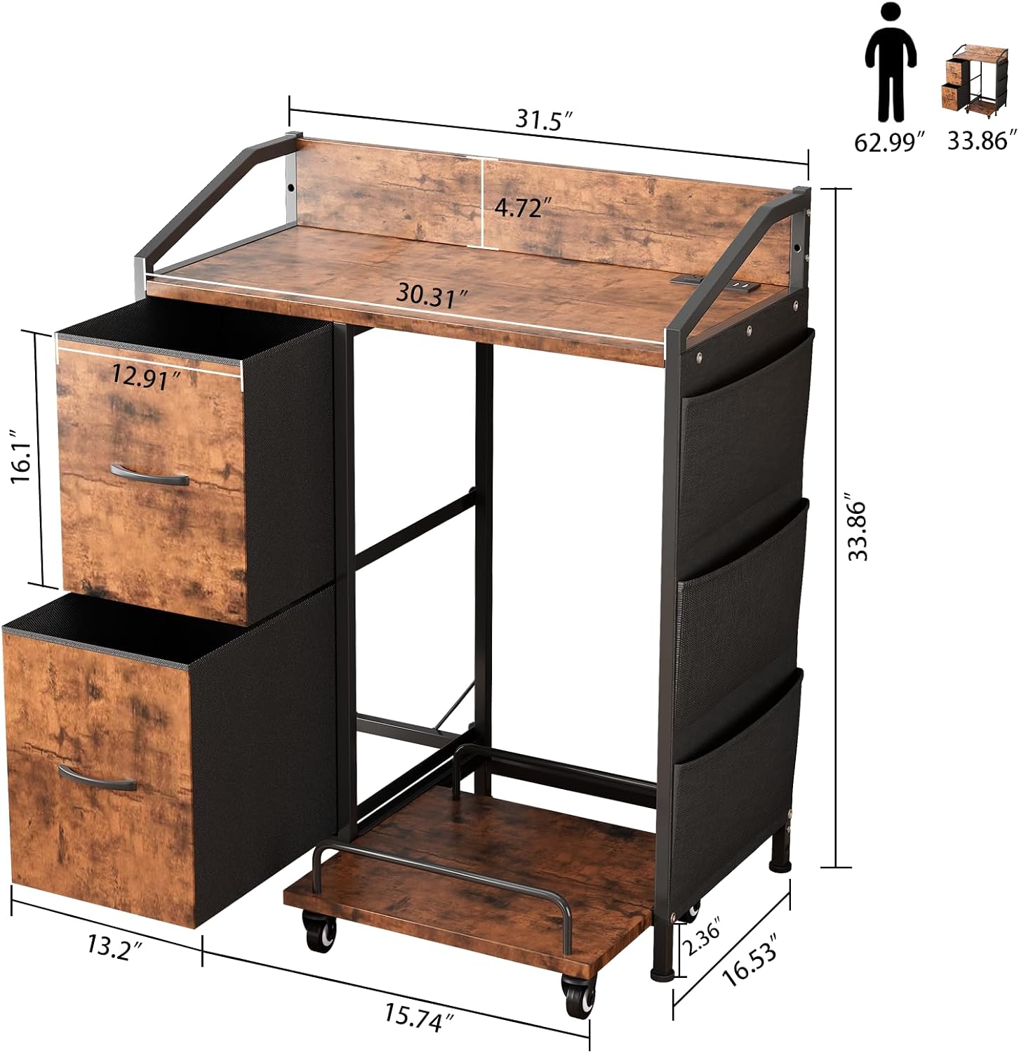 Printer Stand with Storage, Lateral Office Filing Cabinets with Power outlets & USB Charging Port, File Cabinet with Large Printer Stands for Home Office, Shredder Stand Rack (Rustic Brown)