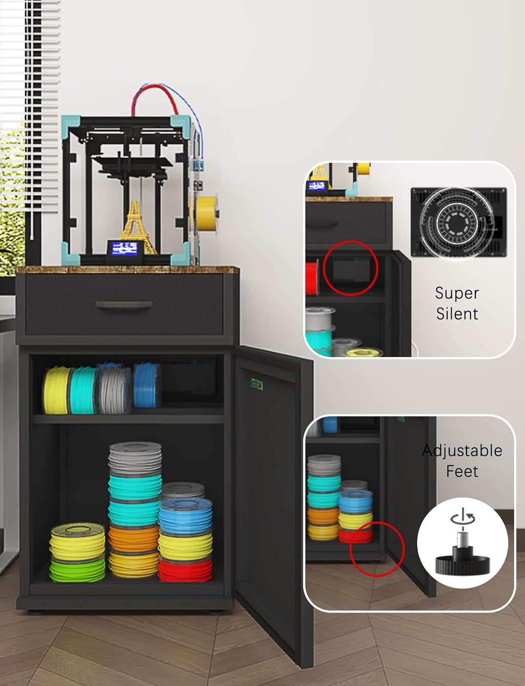 3D Printer Stand Filament Storage,25% RH Control 40 Rolls Filament Dehumidification Cabinet 3D Printing Sealing and Protection for PLA/ABS/TPU/Nylon (Black)