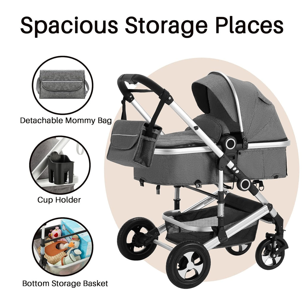 2 in 1 Baby Stroller, Convertible Pushchair Stroller w/Reversible Seat, Foldable Newborn Pram Carriage, Adjustable Canopy, Storage Basket, Diaper Bag & Cup Holder, 0-36 Months (Dark Gray)