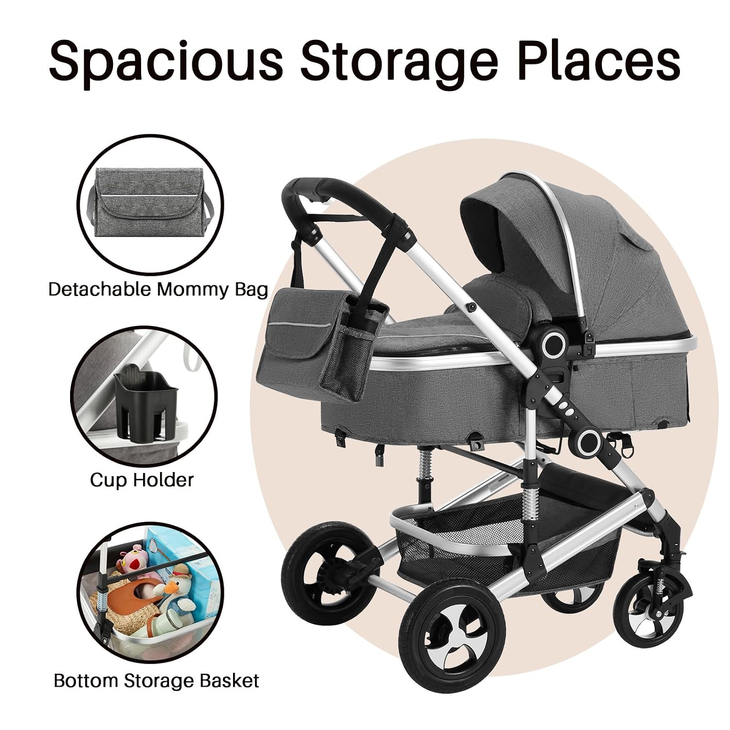 2 in 1 Baby Stroller, Convertible Pushchair Stroller w/Reversible Seat, Foldable Newborn Pram Carriage, Adjustable Canopy, Storage Basket, Diaper Bag & Cup Holder, 0-36 Months (Dark Gray)