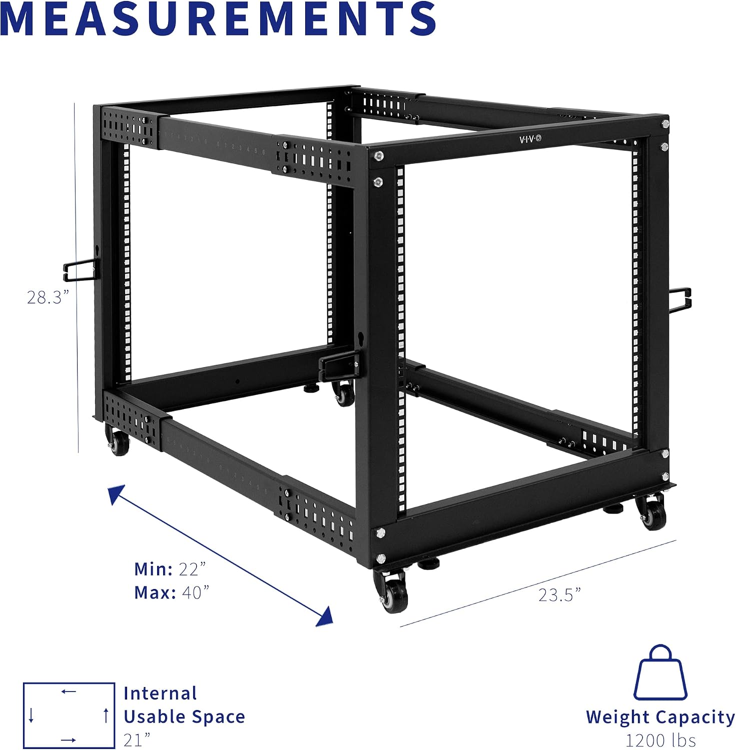 VIVO 12U Freestanding Server Rack, Mobile Open Frame 22 to 40 Inch Adjustable Network Server Cart, Black Steel, CART-SR12U