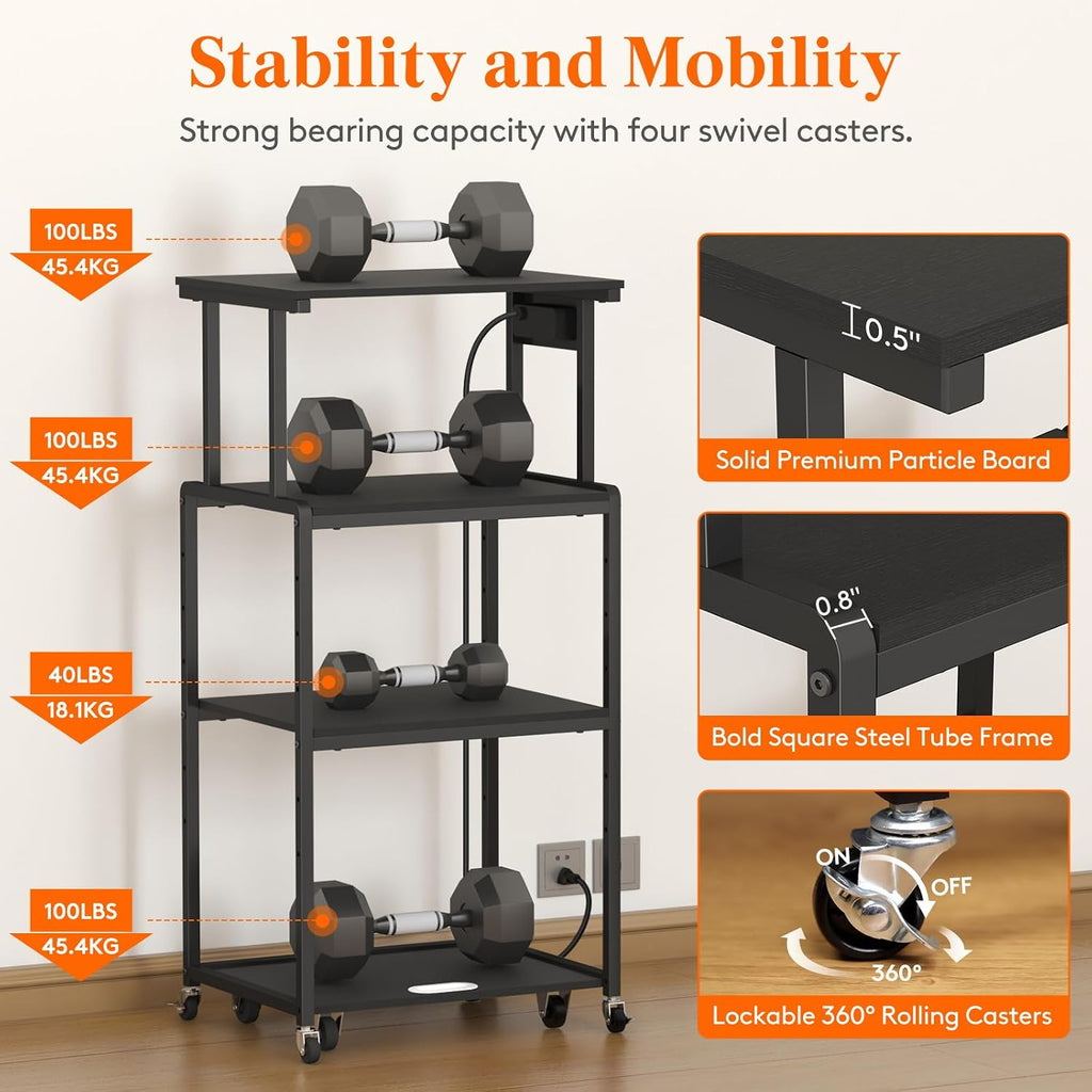 Lifewit 4 Tier Printer Stand with 3 Power Outlets, Wheels and Adjustable Storage Shelf for Home Office, Rolling Printer Cart for Shredder, Scanner, Fax, Hold 340lbs, Black