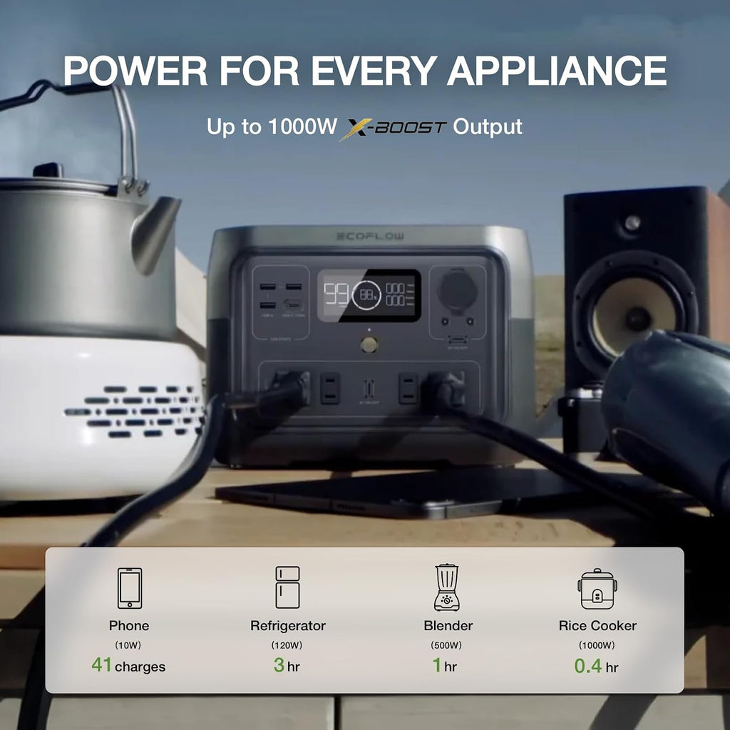 EF ECOFLOW Portable Power Station River 2 Max 500, 499Wh LiFePO4 Battery/ 1 Hour Fast Charging, Up to 1000W Output Solar Generator (Solar Panel Optional) for Outdoor Camping/RVs/Home Use