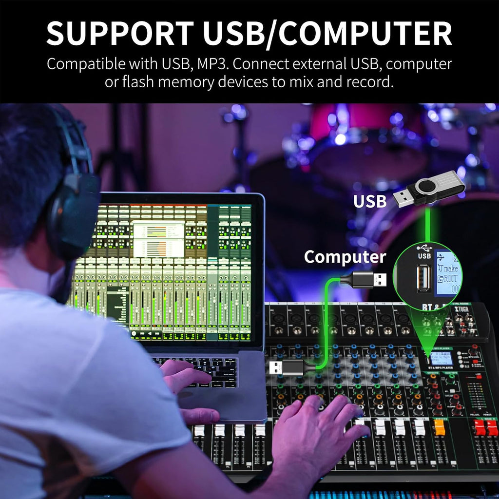 XTUGA 16 Channel Audio Mixer, Professional Sound Board Mixer, DJ Mixing Console System Audio Interface,48V Phantom Digital Effect for PC Podcast Studio Karaoke Streaming Live Recording(CT160)