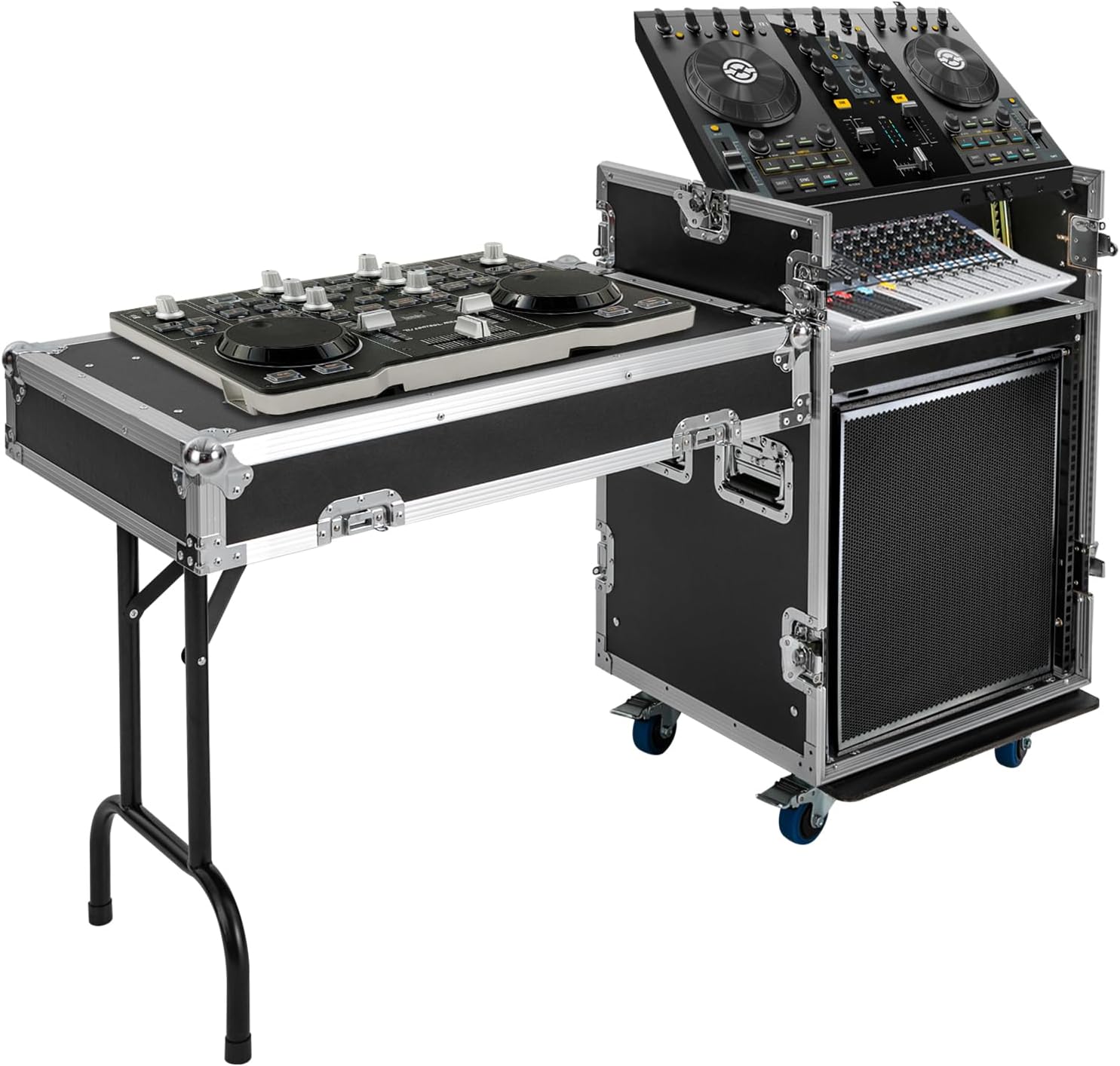 12U PA DJ Pro Audio Rack Road Case with Slant Mixer Top, Locking Wheels, Removable Doors – DJ Mixer Rack for Mixers, Amps, and Speakers
