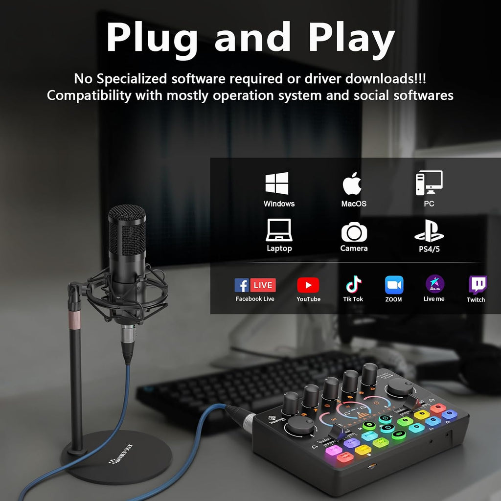 Podcast Equipment Bundle for 2, Audio Interface with 8GB Memory Card and XLR Condenser Microphones,Stereo,Denoise, RGB,Built-in Recorder, 48V Phantom for Streaming,Podcast Recording,Gaming(RS2i2)