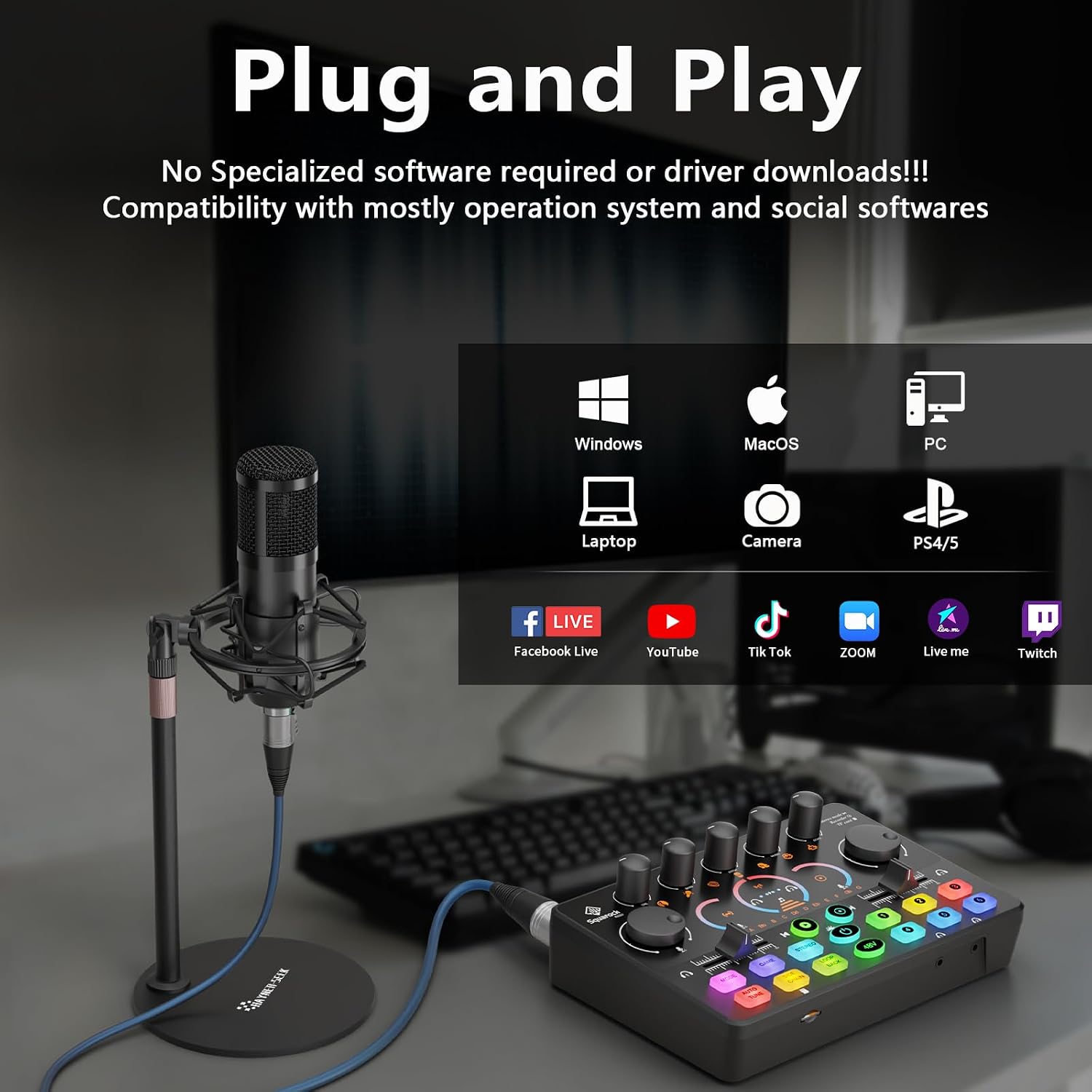 Podcast Equipment Bundle for 2, Audio Interface with 8GB Memory Card and XLR Condenser Microphones,Stereo,Denoise, RGB,Built-in Recorder, 48V Phantom for Streaming,Podcast Recording,Gaming(RS2i2)