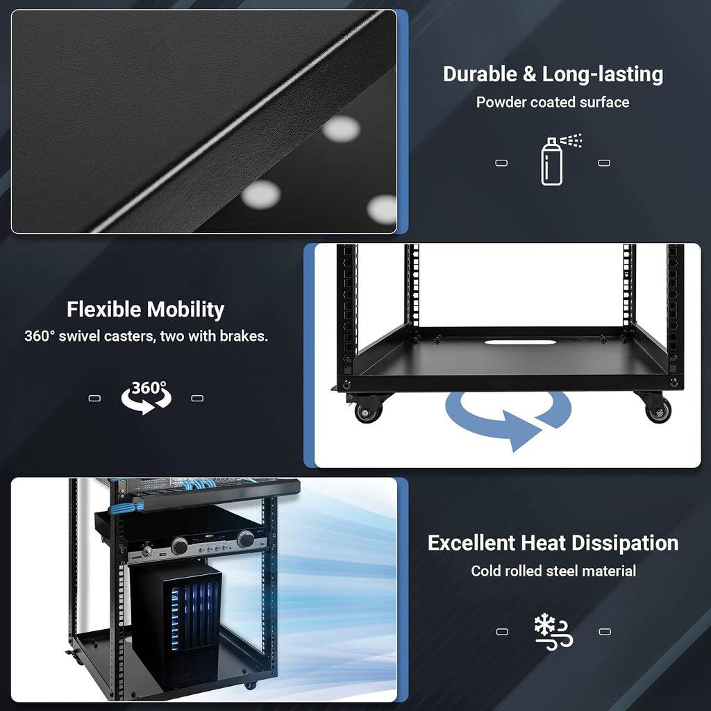 20U Server Rack w/ 2 Racks, Versatile Open Frame IT Rack - Wall-Mount, Rotate and Push w/Ease, AV Rack w/Top & Bottom Panels, Hook and Loop Straps for 19' Stereo/Data/IT/Computer Equipment
