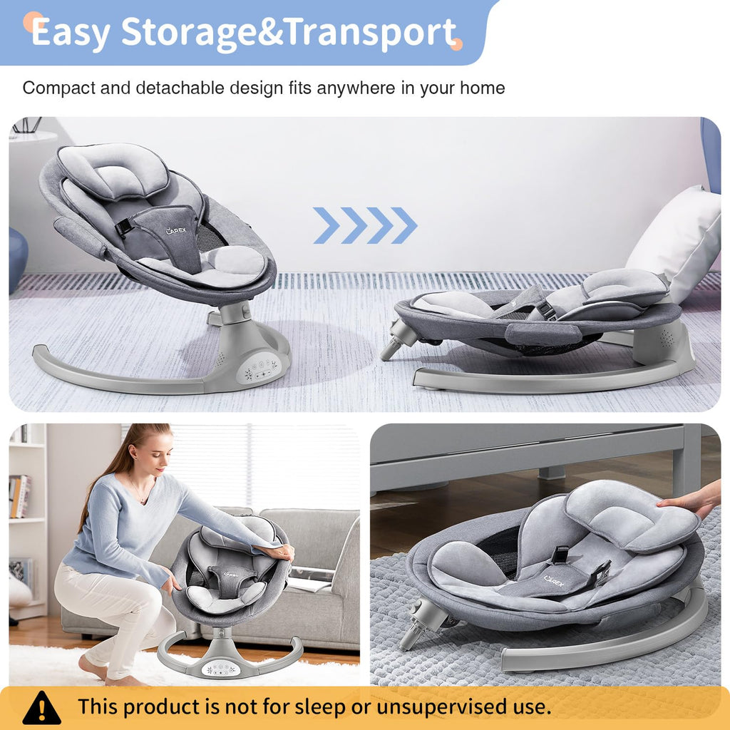 LAREX Baby Swing Infant Swing Electric Toddler Baby Rocker Portable for Newborn Boy Girl, 5 Sway Speeds with Remote Control, 10 Preset Melodies and Bluetooth, 0-6 Months Max 20 Lbs (Gray)