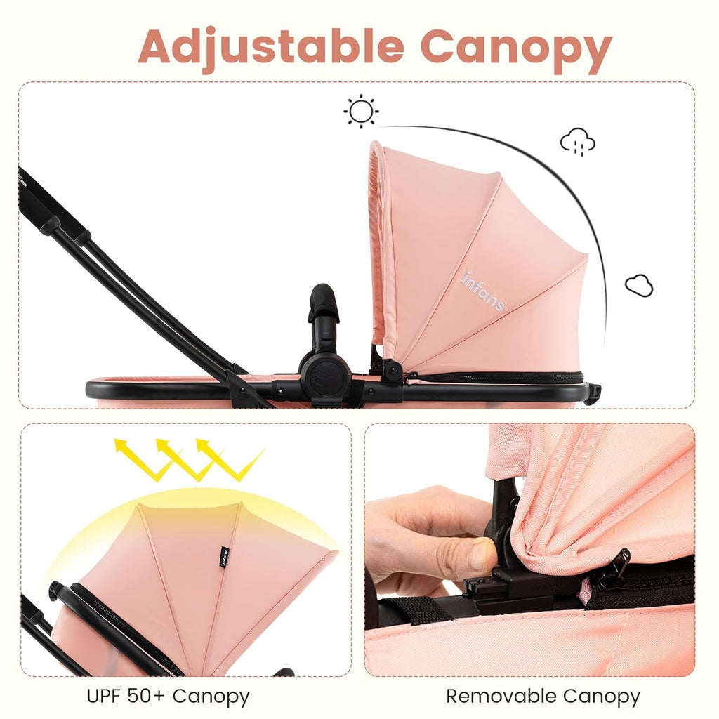 INFANS 2 in 1 Baby Stroller, Convertible Stroller with Bassinet Reversible Seat Adjustable Backrest Canopy One Hand Fold, Compact Toddler Pushchair for Kids Infants Newborns 0-36 Months