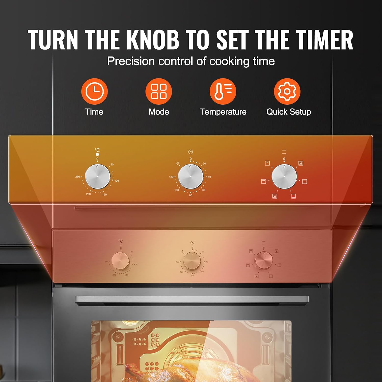 VEVOR Single Wall Oven, 2.68 Cu.Ft Electric Wall Ovens with Timer, 24' Built-in Electric Wall Oven with 6 Cooking Functions, Mechanical Knob Control Convection Wall Oven with Baking Rack and Tray