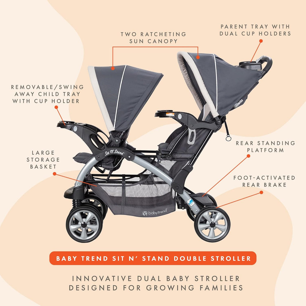 Baby Trend Sit N' Stand Convertible Multi-Use Easy Fold Travel Toddler & Baby Tandem Double Stroller with Safety Harness and Storage Basket, Magnolia