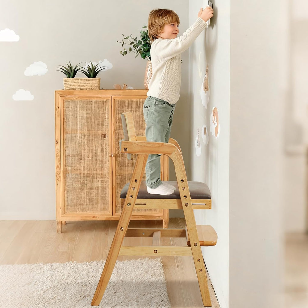 Wooden High Chair for Toddlers, Adjustable Baby Feeding Chair with Seat & Footrest, Grows with Child Dining Chair, Solid Wood Kids Learning Chair for Table, Study & Mealtime - Natural