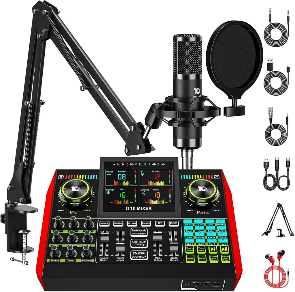 Podcast Equipment Bundle with 3.5mm Condenser Microphone for Pc/Phone Live Streaming Singing Gaming, Podcast Microphone Bundle with Live Sound Board Audio Mixer,Noise Reduction,DJ Sets