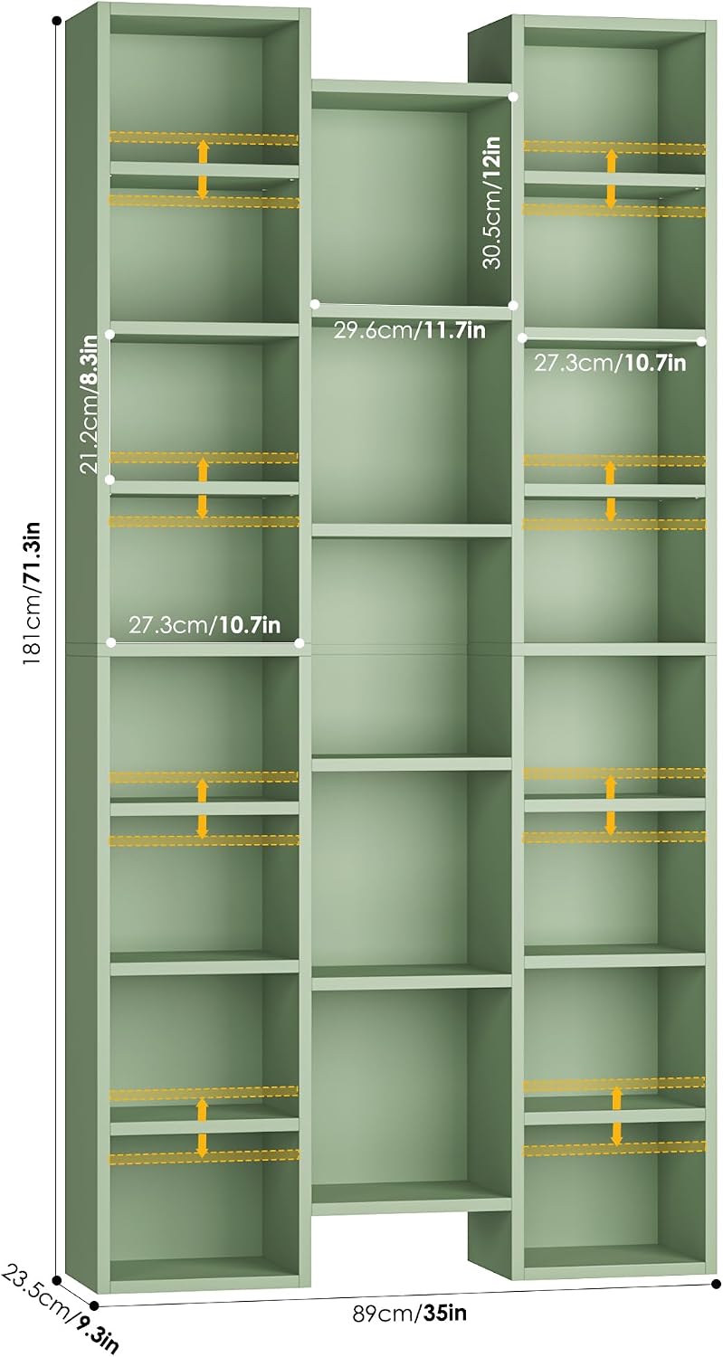 FOTOSOK 71'' Tall Bookshelf with 21 Cubes, 8 Tier Triple Wide Bookshelf with 8 Adjustable Shelves, 35' Large Bookcase DVD/CD Media Tower Storage, Freestanding Display Shelf Cabinet, Green