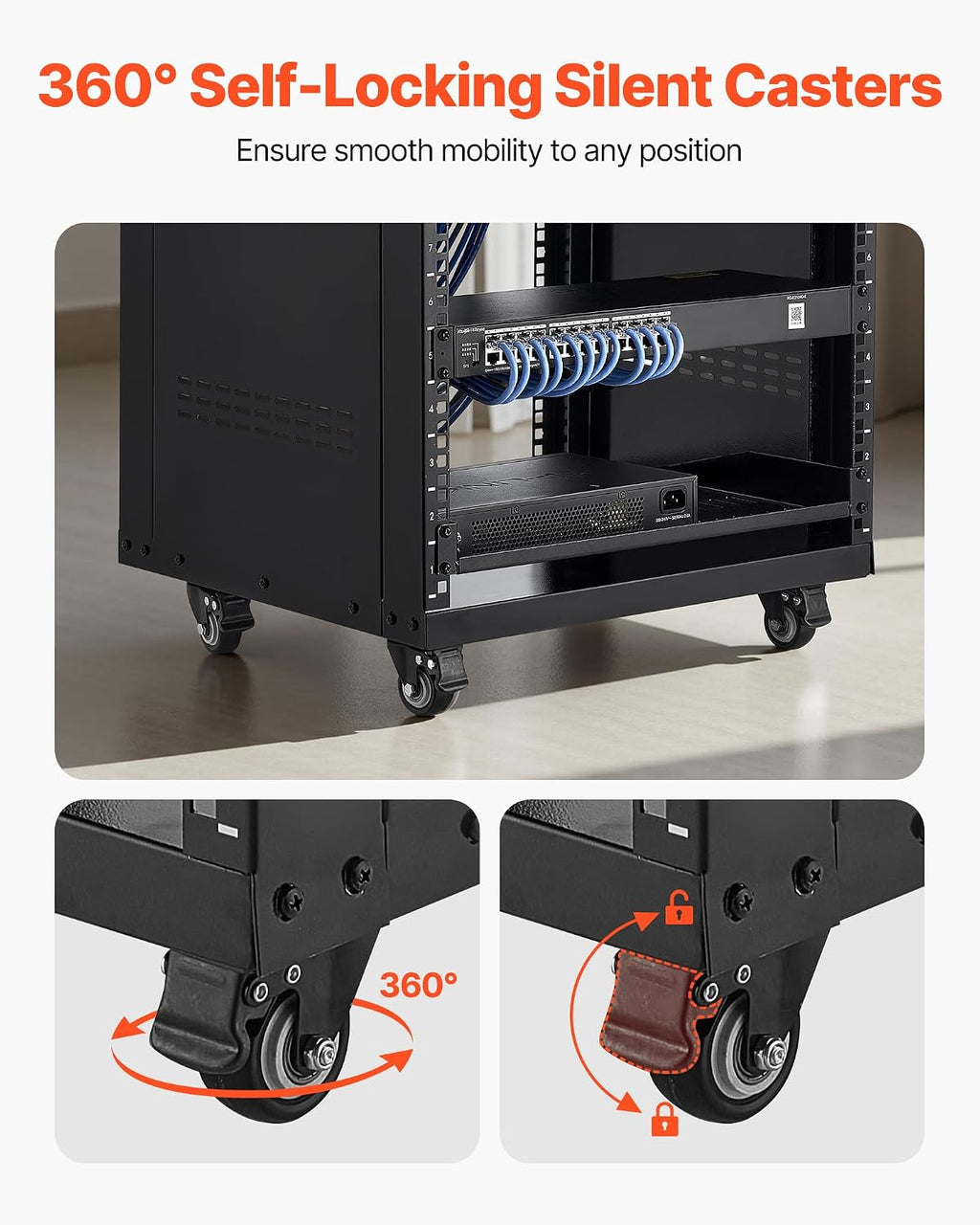 VEVOR 16U AV Rack, Recording Studio Rack Cabinet, Open Frame Server Rack with Locking Caster Wheels, Removable Side Panels & Vent Design for 19' Network, Audio, Video, IT & Network Equipment Mounting