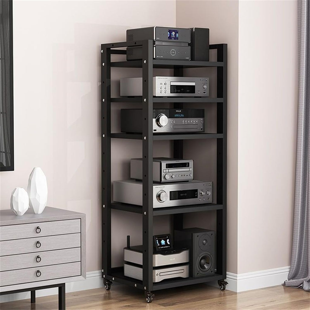AV Media Stand 5/6/7/8 Tier Movable Record Player DVD CD Audio Rack Tower Holder, Adjustable Media Storage Cabinet, Equipment Console Shelf for Home Office Theater,Black,5 Tier W 19.6″