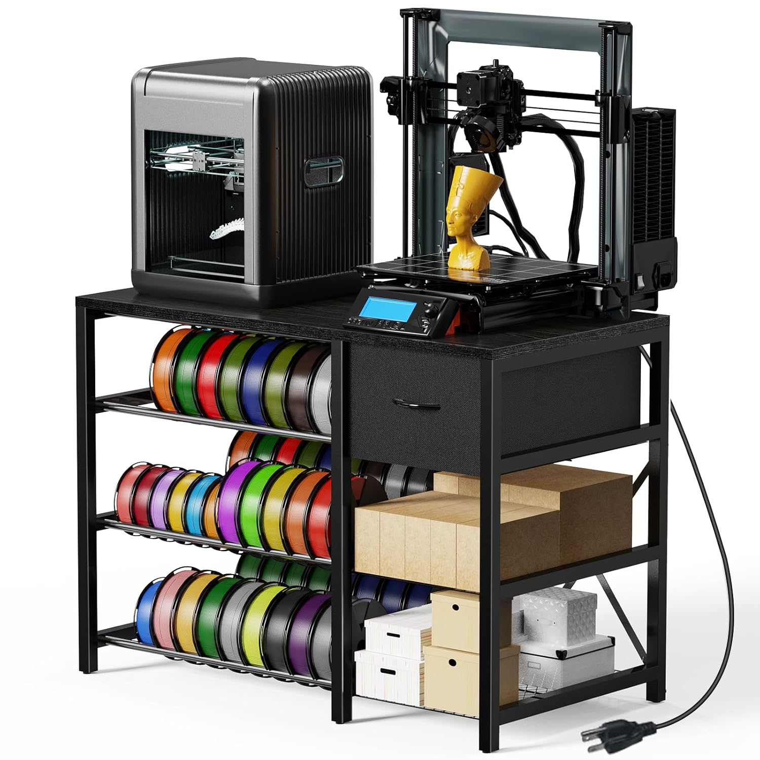 3D Printer Stand with Filament Storage Rack, Black 3D Printer Table with Power Outlet, 3-Tier Filament Holder with Drawer, 3D Printer Filament Stand Organized for Office Workshop Studio