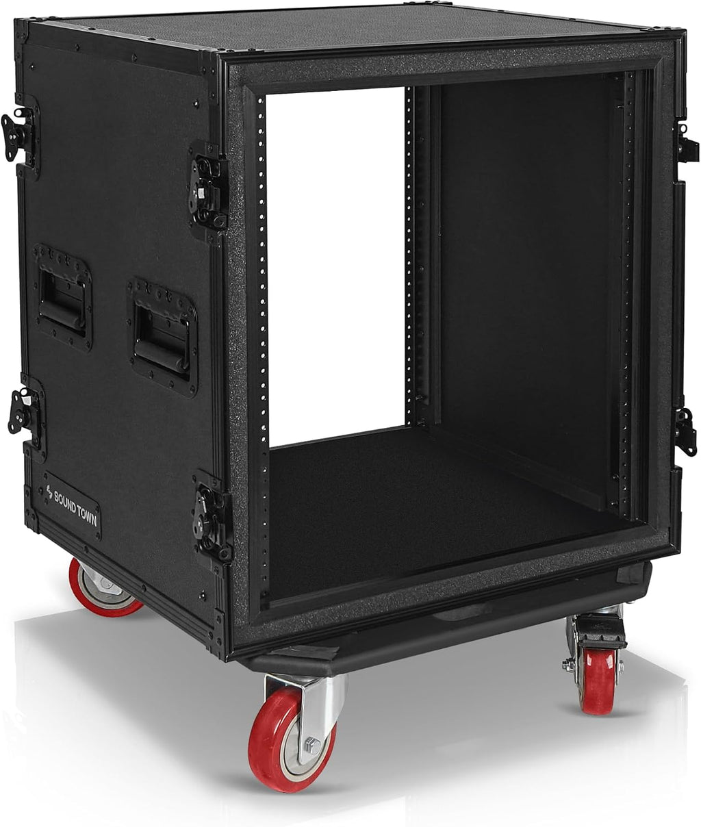 Sound Town Black Series Shock Mount 12U ATA Plywood Rack Case with 21' Rackable Depth, All-Black Anodized Hardware and Casters, Pro Tour Grade (STRC-SPB12UW)