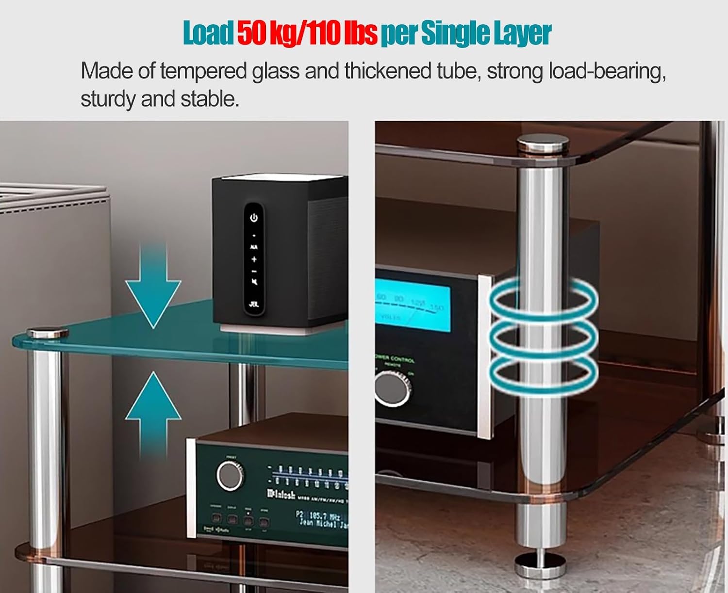 YLLFFLL 1/2/3/4-tier Media Stand Audio/Video Component Cabinet with Glass Shelf, Heavy Duty Stereo Racks and Stands Stereo System, Modern Audio Rack Tower(Brown,1 tire)
