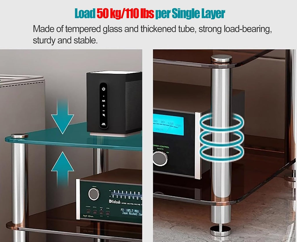 YLLFFLL 1/2/3/4-tier Media Stand Audio/Video Component Cabinet with Glass Shelf, Heavy Duty Stereo Racks and Stands Stereo System, Modern Audio Rack Tower(Brown,2 Tier)