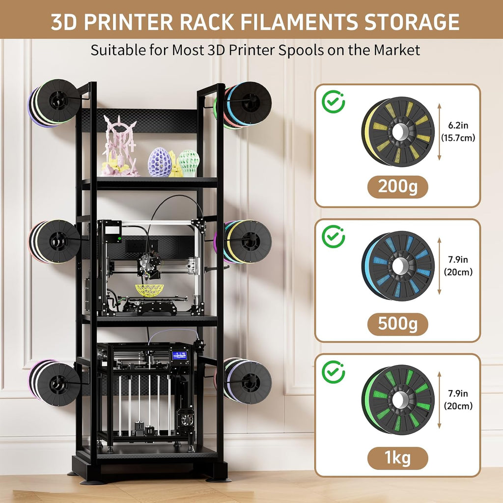 3DPrinter Stand with Filament Storage,3D Printer Rack with Power Outlet,Heavy-Duty 3D Print Storage Shelf for ABS/PLA/TPU Filament Spools,Perfect for 3D Printing Workshops,Carbon Fiber Black