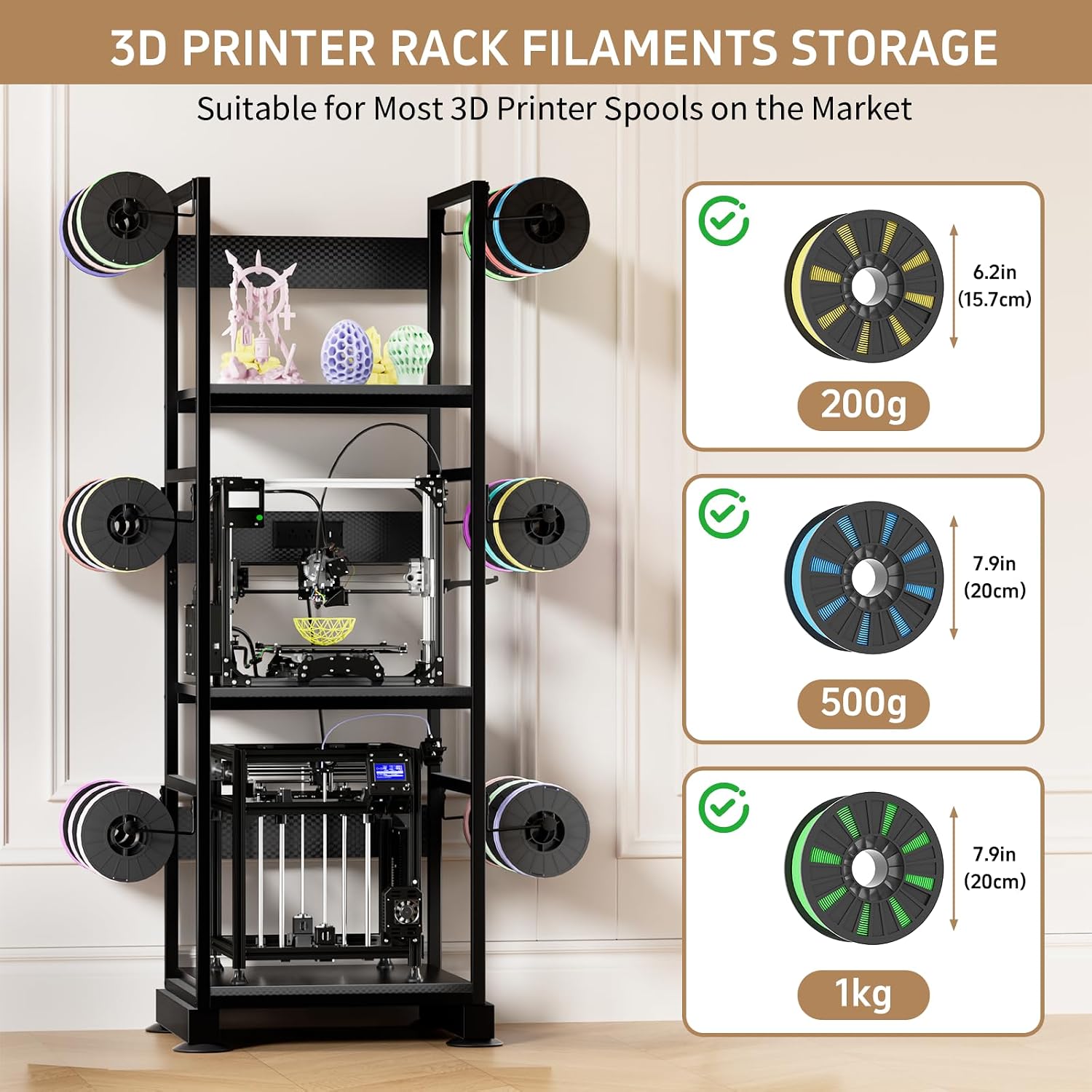 3DPrinter Stand with Filament Storage,3D Printer Rack with Power Outlet,Heavy-Duty 3D Print Storage Shelf for ABS/PLA/TPU Filament Spools,Perfect for 3D Printing Workshops,Carbon Fiber Black