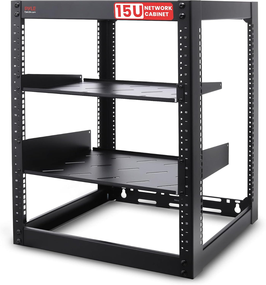 Pyle 15U Server Rack Network Cabinet - Open Frame Rack, Wall Mountable Heavy Duty Designs for Servers & AV Gear | Compatible with 19' Equipment Standard (Black)
