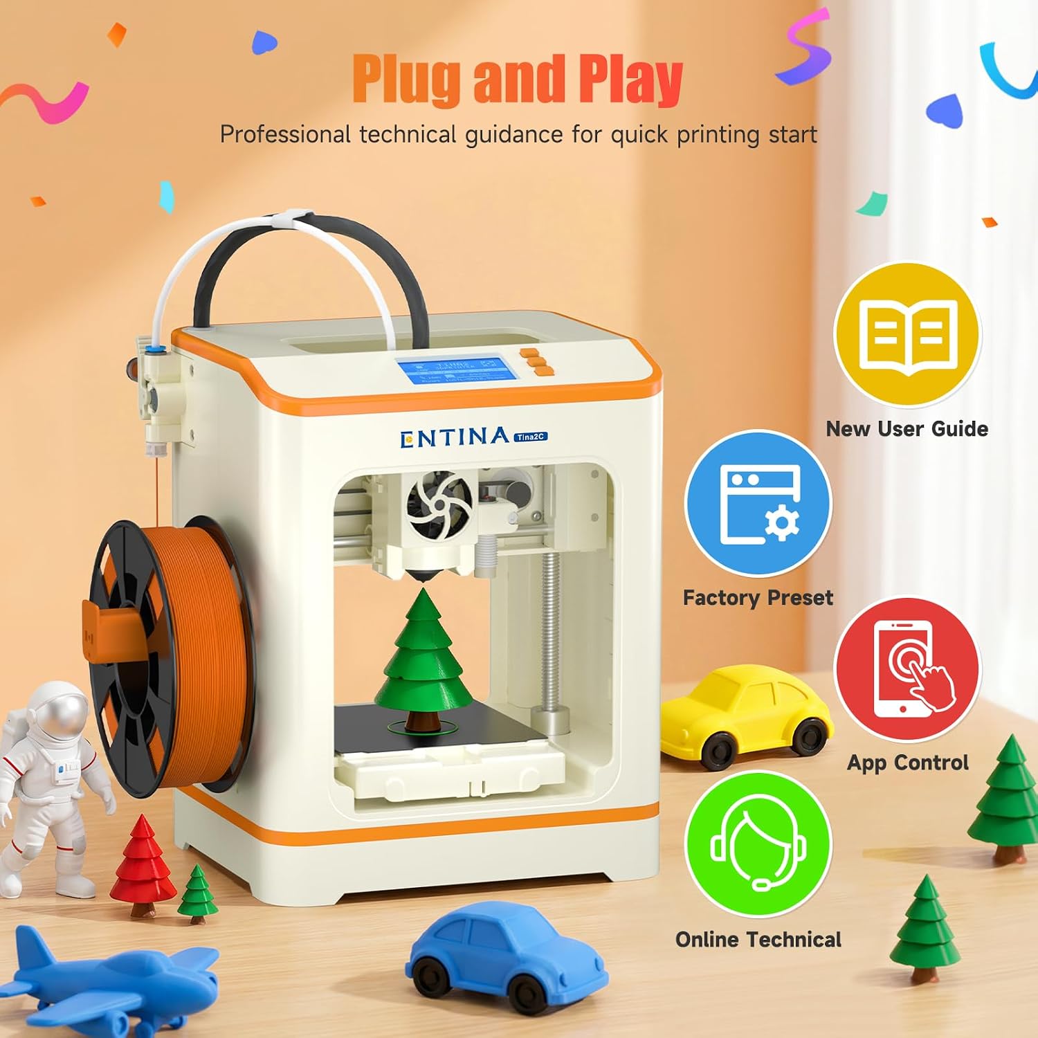 Entina Tina2C Mini 3D Printer for Kids & Beginners – Fully Assembled, Ready in 8 Minutes, App & WiFi Control, 1500+ Models, 20+ DIY Modules, Auto Leveling, High Precision for Home & STEM Learning