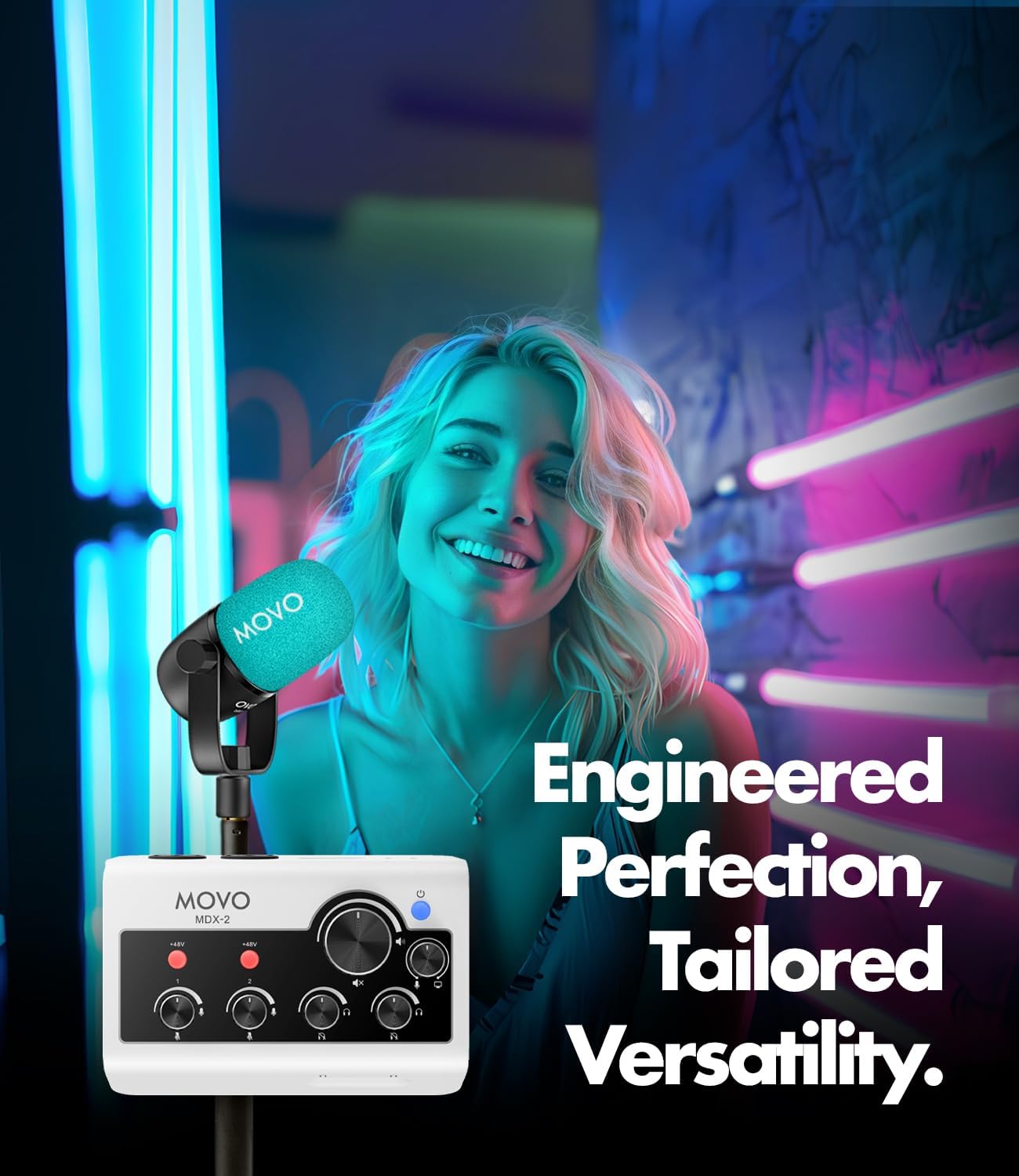Movo Portable Podcast Equipment Bundle for iPhone/Android Phones- Podcast Kit with Audio Interface, 2 CastMic Dynamic Mics, 2 Table Stands - For Smartphones, Computers, PC, Mac - Lightning, USB, USB-C