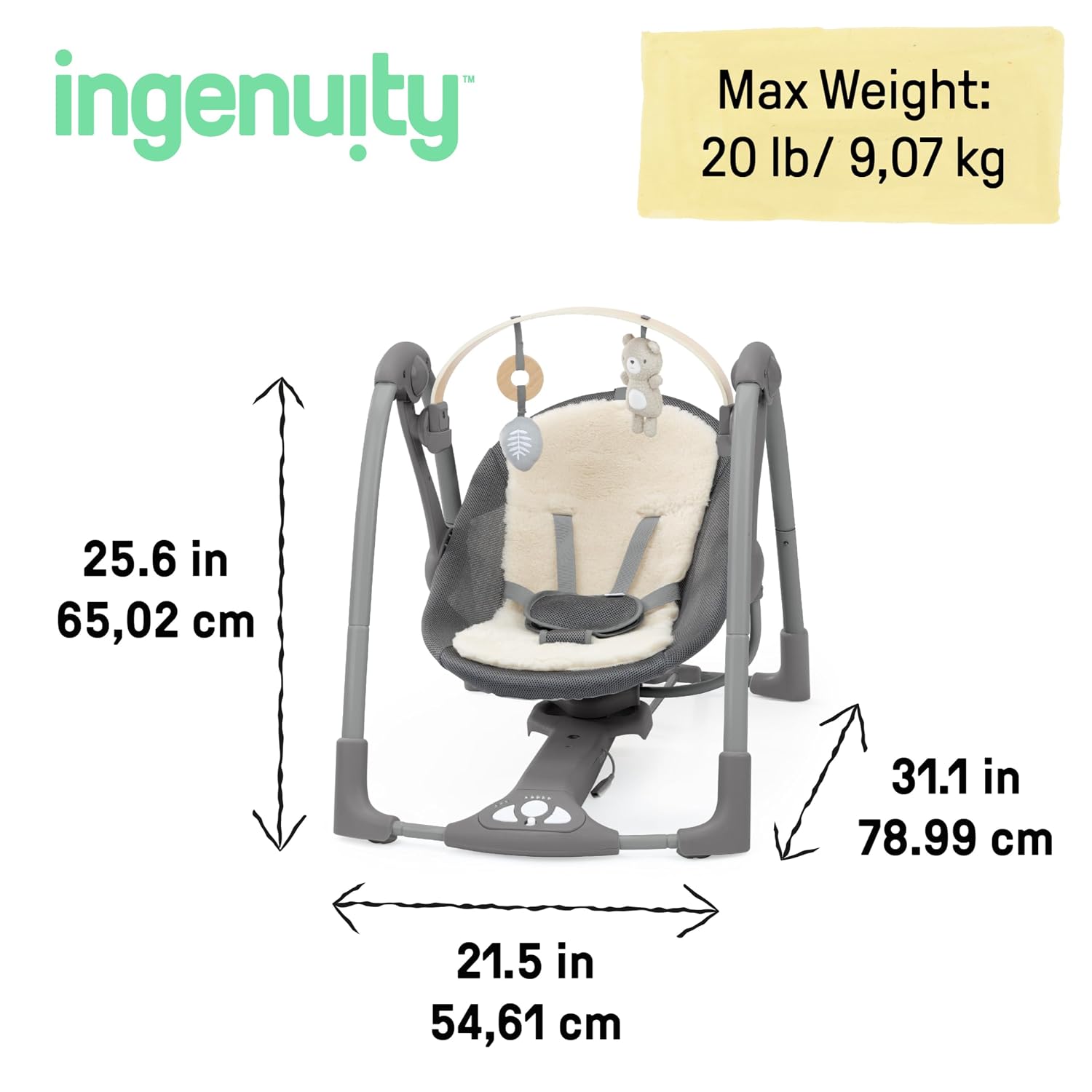 Ingenuity Every Season Swing 'n Go Portable Swing - Cooling and Warming Fabrics, Detachable Sustainable Wooden Toy Bar, 2 Toys, Music, Motorized Swing, for Ages 0-9 Months, Grey - Wesley