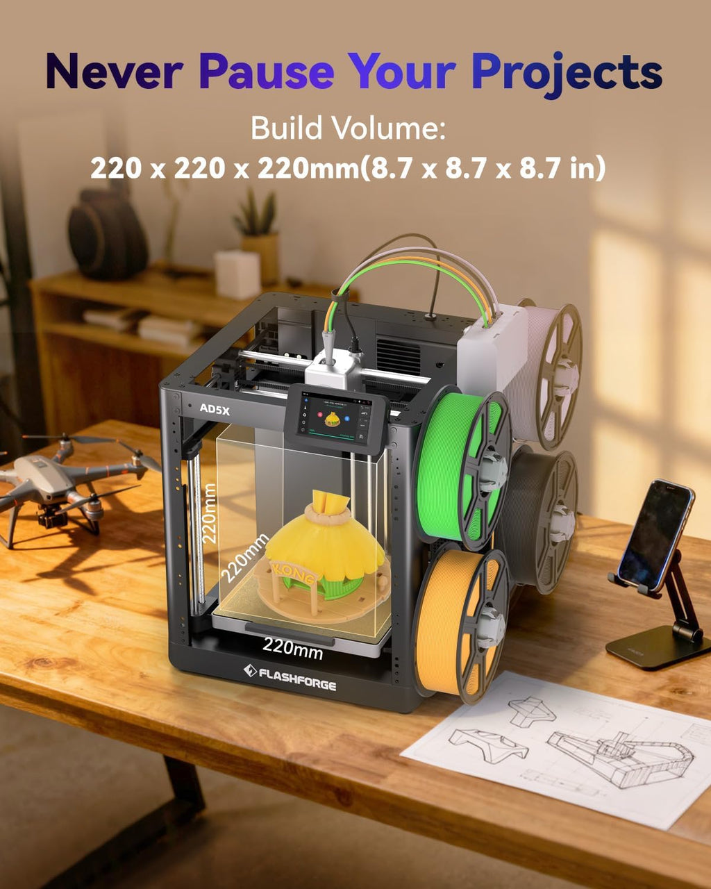 FLASHFORGE AD5X Multi-Color 3D Printer with IFS,Fully Auto Leveling FDM 3D Printer with Max 600mm/s High Speed Printing and Max 300°C Nozzle,Large Printing Size 220 * 220 * 220mm