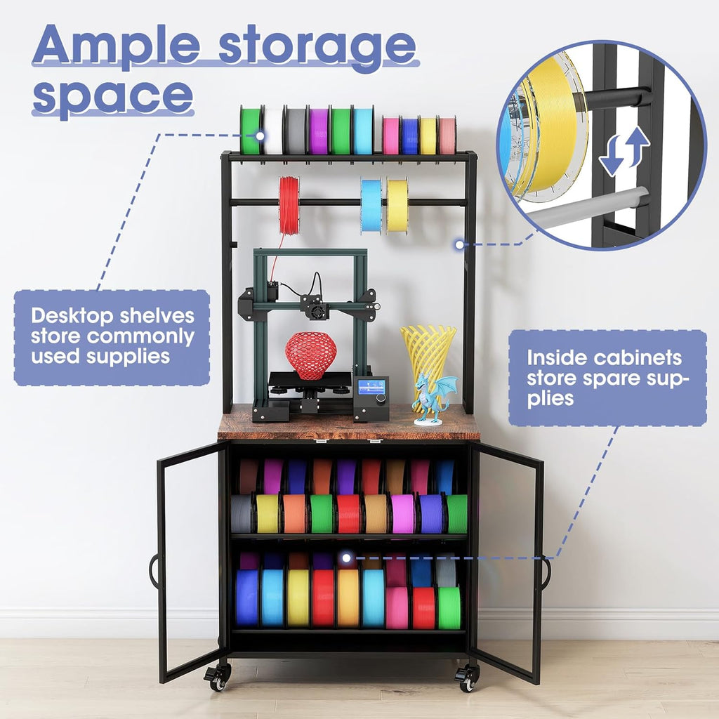 3D Printer Stand with Filament Storage,3D Printing Filament Organizing Table, with Wheels and Storage Cabinet, Heavy-Duty 3D Printer Workbench for Studios and Offices, Black
