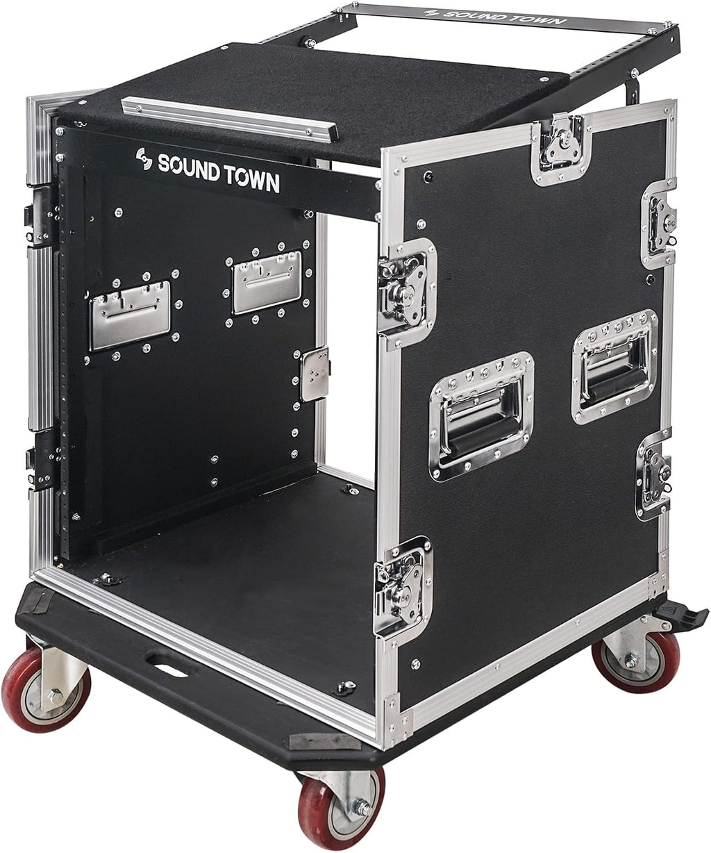 Sound Town Enhanced 1/2' (12mm) Plywood 12U PA DJ Rack/Road ATA Case with 11U Slant Mixer Top, 20'' Rackable Depth and Casters, 12 Space Size, Pro Tour Grade (STMR-S12UW)