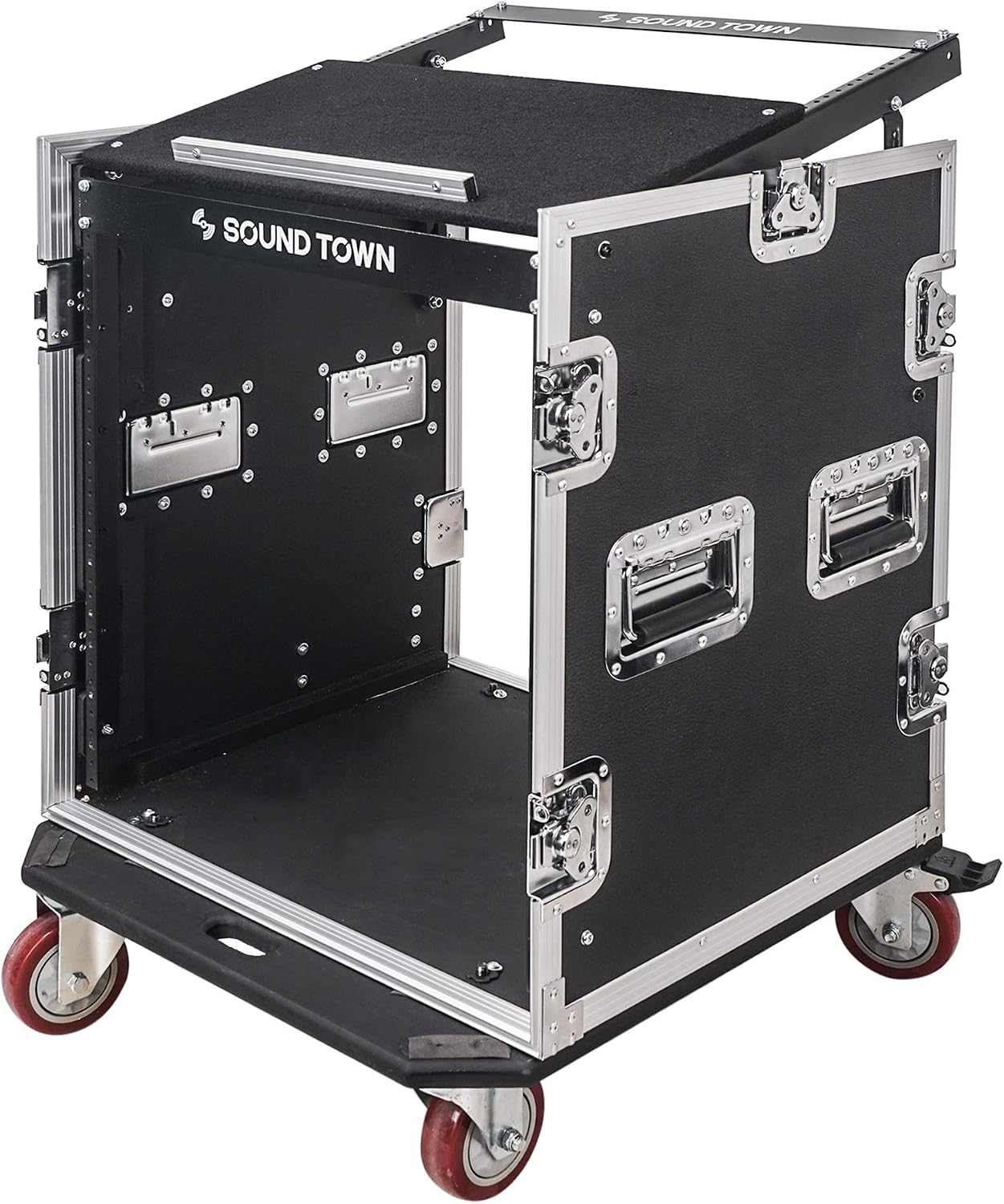 Sound Town Enhanced 1/2' (12mm) Plywood 12U PA DJ Rack/Road ATA Case with 11U Slant Mixer Top, 20'' Rackable Depth and Casters, 12 Space Size, Pro Tour Grade (STMR-S12UW)