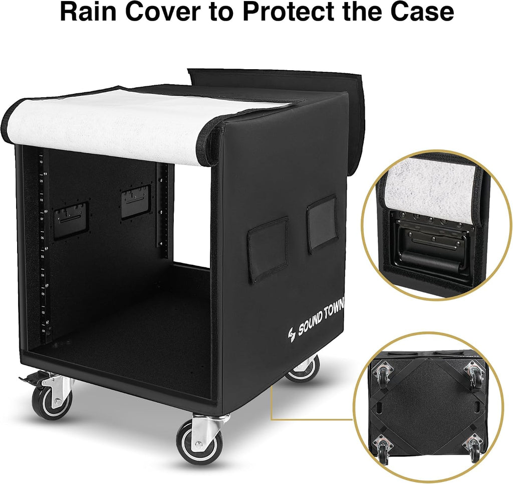 Sound Town 12U PA/DJ Rack/Road Case with 12-Space, Industry-Grade 0.7' (18mm) Plywood with Polyurea Coating, Rain Cover, Casters, 21.7' Rackable Depth - Pro Tour Grade (STRCP-12UW)