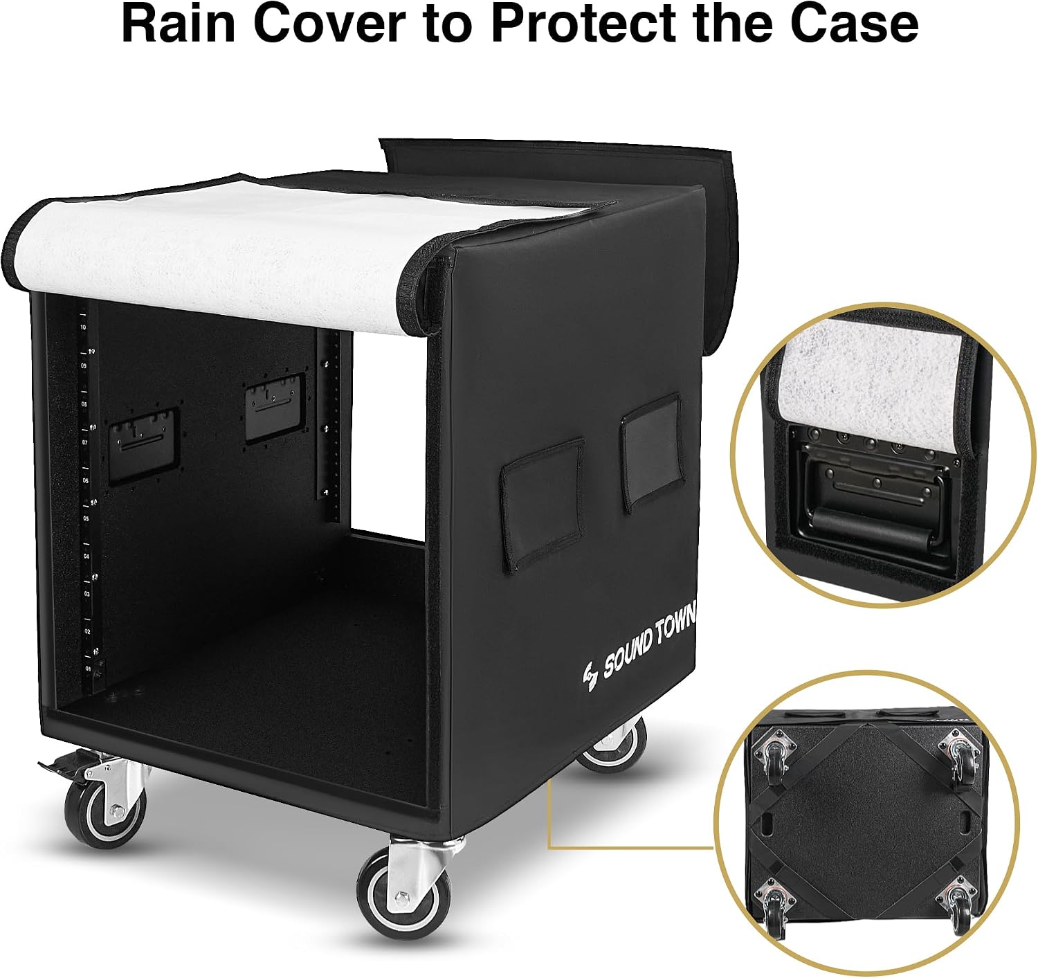 Sound Town 12U PA/DJ Rack/Road Case with 12-Space, Industry-Grade 0.7' (18mm) Plywood with Polyurea Coating, Rain Cover, Casters, 21.7' Rackable Depth - Pro Tour Grade (STRCP-12UW)