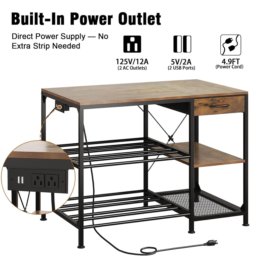 3D Printer Table with Filament Storage, 3-Tier 3D Printer Stand with Power Outlet & Drawer, Heavy Duty 3D Printer Rack for Workshop Studio Office (Brown)